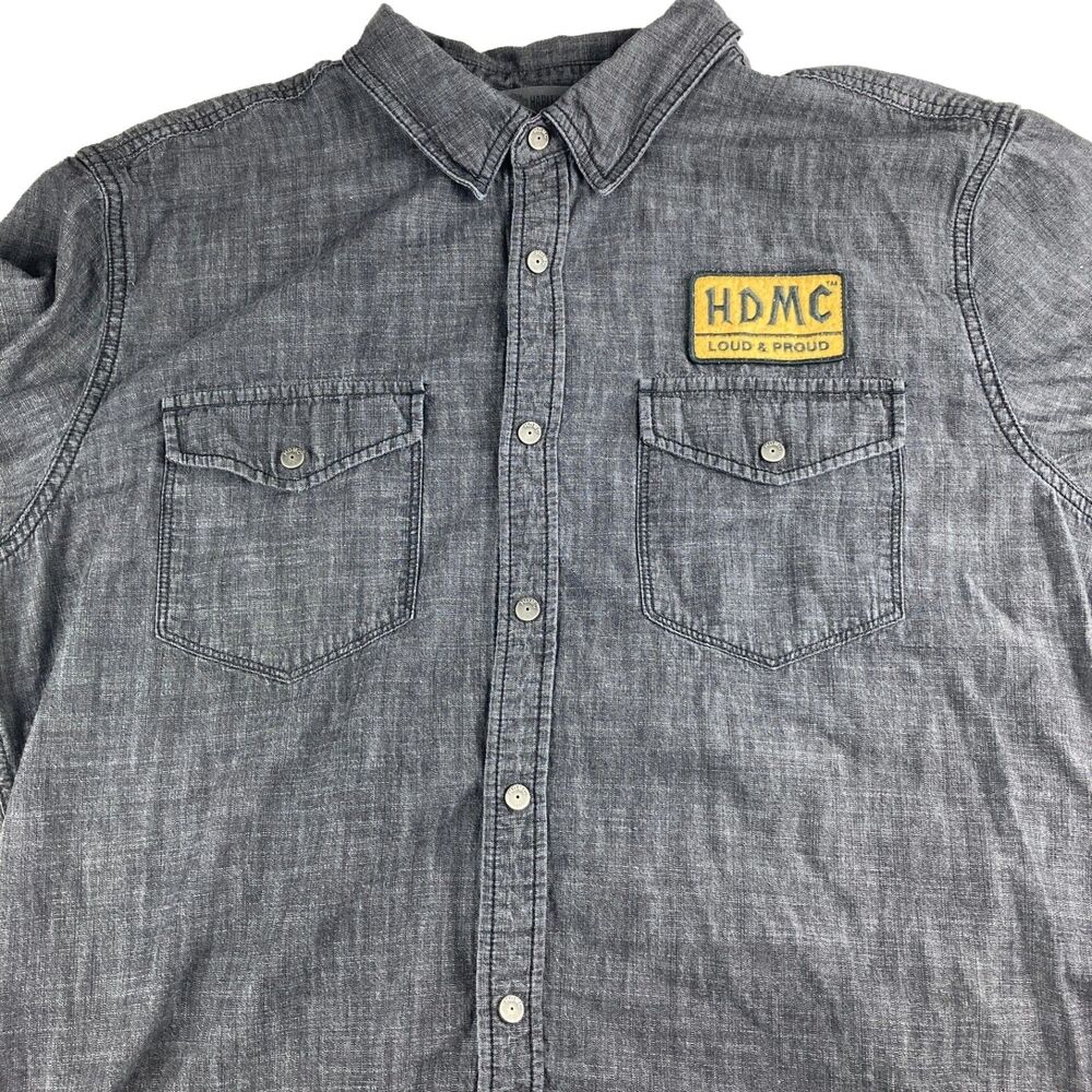 Harley Davidson Mens XL Gray Chambray Button Up Shirt HDMC Loud & Proud Biker